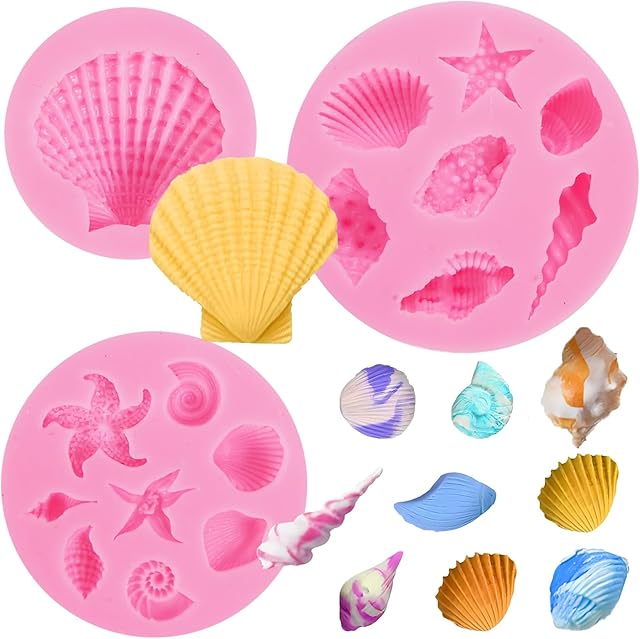 3Pcs Marine Theme Cake Fondant Silicone Mold Seashell Conch Starfish Coral Baking Molds, For DIY Candy,Chocolate,Fondant,Polymer Clay,Crafting Projects and Cake Decoration (Shell styles)