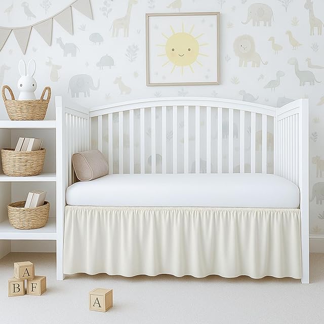 Cottington Lane Ivory Crib Skirt Dust Ruffle, 100% Natural Cotton, Soft, Durable Nursery Crib Toddler Bedding Skirt for Baby Girls or Boys, Fits Standard Cribs 28" x 52" with 14" Drop