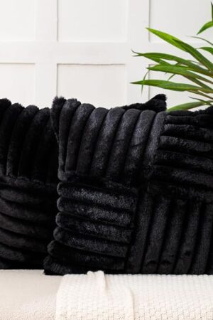 All Smiles Couch Decorative Throw Pillow Covers 18x18 Set of 2 Faux Fur Plush Soft Fluffy Velvet Cushion Case Cozy Fuzzy Striped Pillowcase Home Decor for Bed Sofa Living Room,Black