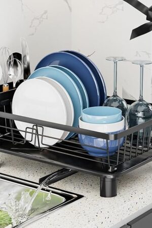 Dish Drying Rack, Space-Saving Dish Rack, Dish Racks for Kitchen Counter, Kitchen Dish Drainers with Removable Utensil Holder, Plate Rack and Drainboard, 11''W x 15''L, Black