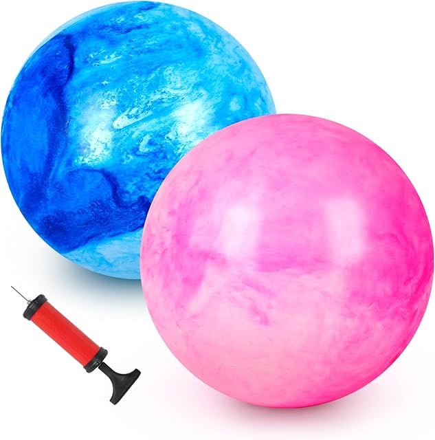 The AMOR PRESENT 2PCS Inflatable Playground Balls, 8.7 Inch Marbleized Bouncy Balls Rubber Kickballs Giant Dodgeballs, for Indoor Outdoor Ball Games