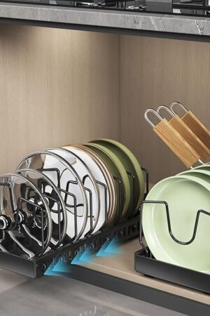 2 PCS Pots and Pans Organizer Under Cabinet, Pull-out Pots and Pans Organizer, Under Cabinet Pot Lid Holder, Sliding type Pots and Pans Storage with 16 Adjustable Dividers for Kitchen