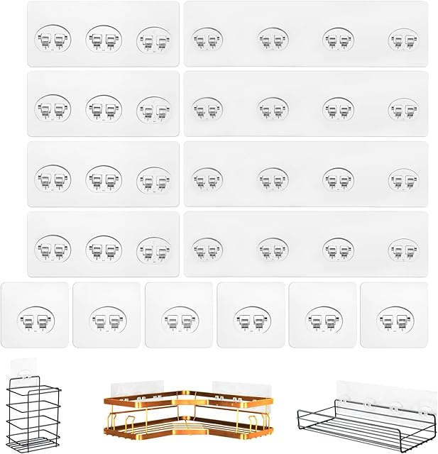 14 Pack Shower Caddy Adhesive Replacement, Strong Shower Shelf Adhesive Hooks for Corner Shelf Basket, Bathroom Rack, Kitchen Rack and Soap Holder