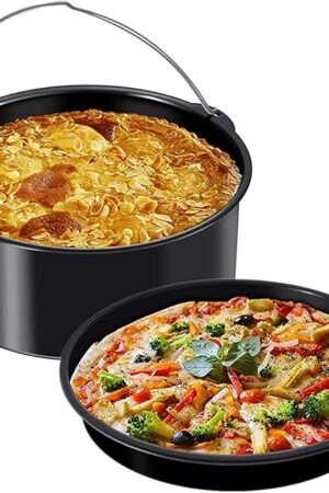 2Pcs Air Fryer Accessories, 8 Inch Air Fryer Pizza Cake Pan and Baking Cake Barrel Deep with Non-Stick Coating,Round Airfryer Baking Cake Pan Accessory Set