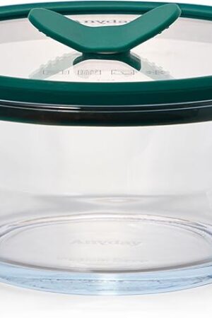 Anyday 4-Cup Glass Food Storage with Glass Lid, Round Deep Dish | Plastic-Free Meal Prep & Microwave Cookware | Stackable Airtight Storage Container with Vented Lid for Microwave-Safe Reheating