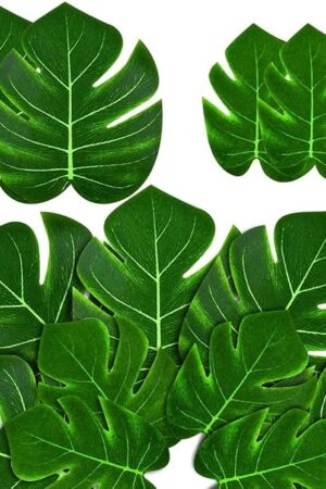 36 Pieces Artificial Tropical Palm Leaves for Jungle Safari Beach Hawaiian Luau Theme Birthday Party Table Decorations Faux Green Monstera Supplies for Wedding Large Fake Leaf Plant Decor with Stems