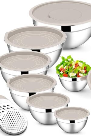 E-far Mixing Bowls with Lids Set, 7-Piece Stainless Steel Metal Mixing Bowls with Grater Attachments, Size 4.6, 3.5, 2.6, 2, 1.5, 1, 0.7QT, Nesting Design & Khaki Airtight Lids, For Cooking/Serving