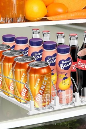 asika Drink Organizer for Fridge, Adjustable Width Soda Can Dispenser for Refrigerator Organizers and Storage, 3 Rows Beer Bottle Beverage Holder with Pusher Glide (14.96" D, White)