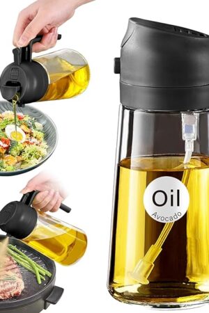 YARRAMATE 16oz/470ml Glass Olive Oil Sprayer for Cooking with Stickers, 2 in 1 Oil Dispenser for Kitchen Gadgets, Food Grade Premium Spray Bottle with Portion Control for Salad, Frying, BBQ (Black)
