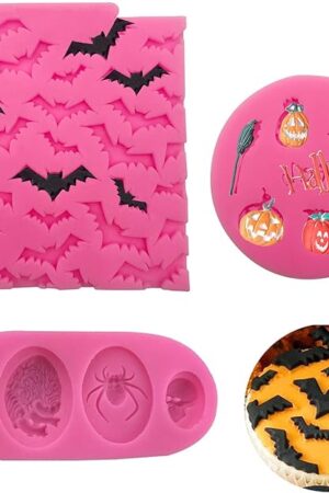 3Pcs Mini Halloween Cake Fondant Molds, Bat Pumpkin Spider Skull Chocolate Cake Candy Molds for for Halloween Party Cupcake Cake Topper DIY Candy Tools