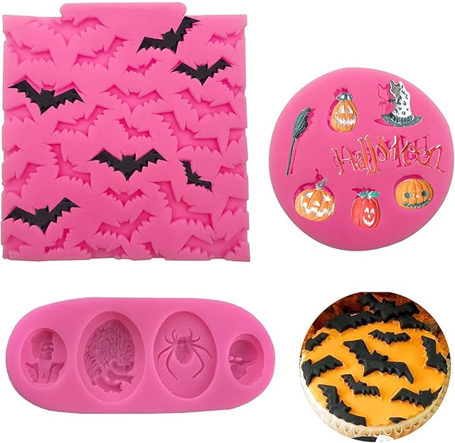 3Pcs Mini Halloween Cake Fondant Molds, Bat Pumpkin Spider Skull Chocolate Cake Candy Molds for for Halloween Party Cupcake Cake Topper DIY Candy Tools