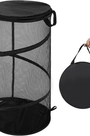 BATTOO Large Collapsible Laundry Basket with Lid Foldable Mesh Pop Up Hamper with Handles for Laundry Room, Bathroom, Kids Room, College Dorm, Travel, Storage Organizer Black