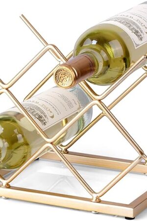 Countertop Wine Rack - 5 Bottle Freestanding Modern Gold Metal Small Wine Rack - Tabletop Wine Holder Stand for Cabinet, Pantry, Wine Bottle Storage…