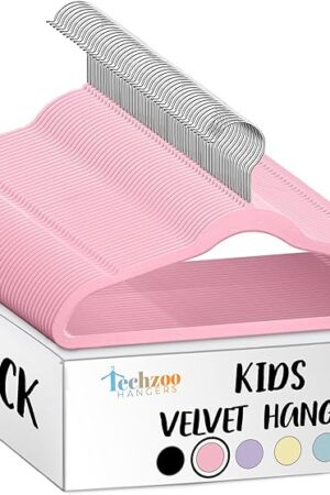 50 Premium Kids Velvet Hangers - 14" Non-Slip Clothes Hangers for Kids & Preteens - Ultra Slim, Space-Saving, Strong & Durable Hangers with 360° Swivel Hook - Pink