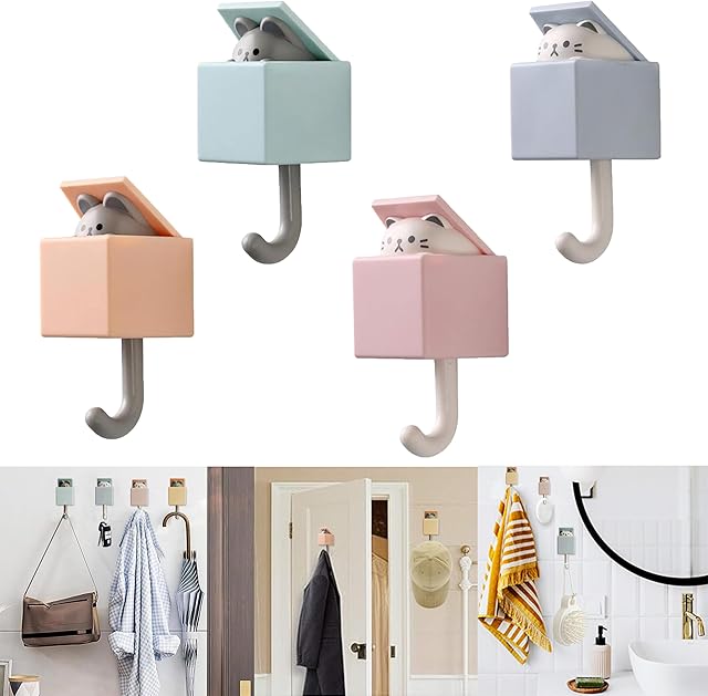 4pcs Creative Adhesive Cat Hook for Coat,Towel,Scarf, Robes,Bag,Key,Heavy Duty Command Hook Can Bear 2.4 Kg, Cute Pet Kawaii Room Decor Creative Wall Hook for Bedroom,Bathroom,Living Room