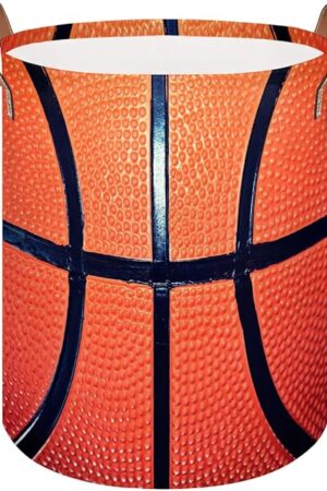 Bardic Large Laundry Basket Basketball Texture Laundry Hamper with Leather Handle, Sport Print Collapsible Organizer Basket Freestanding Tall Clothes Hamper for Bathroom Bedroom Living Room