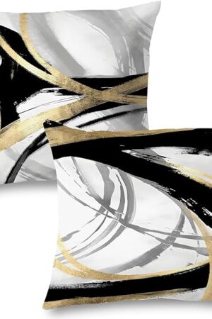 Black White and Gold Pillow Covers, Abstract Black and Gold Pillow Covers 18x18 Set of 2, Modern Boho Home Decor, Black and Gold Decorative Throw Pillows Cover for Couch Living Room Bedroom