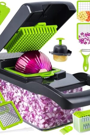 Vegetable Chopper, Pro Onion Chopper, 14 in 1Multifunctional Food Chopper, Kitchen Vegetable Slicer Dicer Cutter,Veggie Chopper With 8 Blades,Carrot and Garlic With Container (Gray) (Gray)