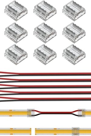 BTF-LIGHTING FCOB COB 8mm 0.31in Connector Kit 14pcs Transparent Connector 5pcs 15cm Long 20AWG Extension Wires for Non-Wired Gapless Solderless,FCOB 2 pin v+ v- Single Color Strip Corner Connection