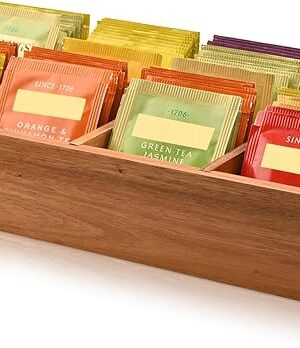 Acacia Wood Tea Bag Organizer with 8 Slots – Tea Bag Holder and Tea Organizer, Sugar Packet Storage for Countertops