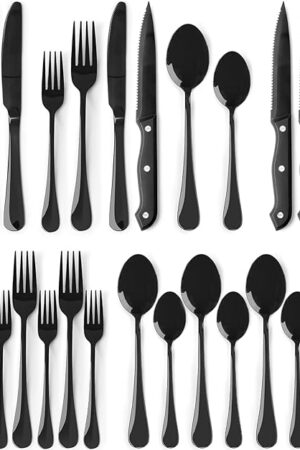 Astercook 24-Piece Black Silverware Set with Steak Knives Flatware Set for 4 Food-Grade Stainless Steel Cutlery Set Mirror Polished Utensils Set Include Spoons and Forks for Home Kitchen Restaurant