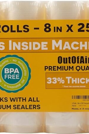 8" x 25' Rolls (Fits Inside Machine) - 4 Pack (100 feet total) OutOfAir Vacuum Sealer Rolls. Works with FoodSaver Vacuum Sealers. 33% Thicker, BPA Free, Sous Vide, Commercial Grade