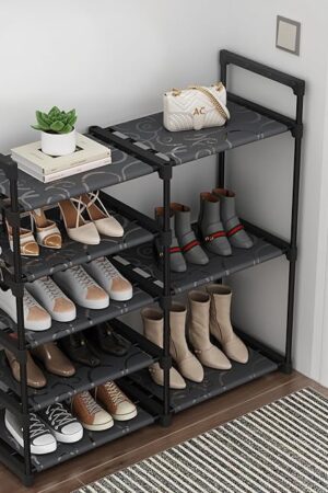 Black Tubes Closet Shoe Rack, 5 Tier Oxford Fabric Shelf, Easy Assembly, Sturdy and Durable, Holds Up to 30 lbs