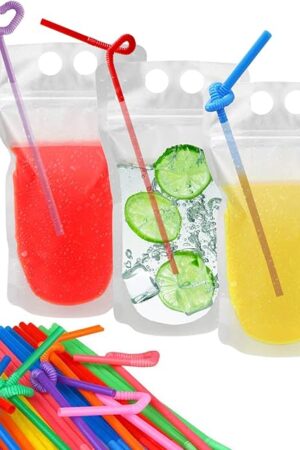 100 Pcs Drink Pouches with 100 Straw Holes, Freezable Juice Pouches, Translucent Reclosable Zipper Plastic Pouche Drink Bags for Cold & Hot Drinks for Adults and Kids
