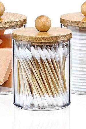 3PC Acrylic Qtip Dispensers Holders With Wood lid, Clear Bathroom Round Countertop Storage Organizer Canister for Cotton Balls,Swabs,Pads,Bath Salts ,Makeup Sponges,Tooth Floss