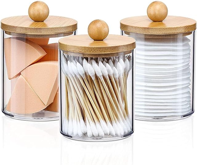 3PC Acrylic Qtip Dispensers Holders With Wood lid, Clear Bathroom Round Countertop Storage Organizer Canister for Cotton Balls,Swabs,Pads,Bath Salts ,Makeup Sponges,Tooth Floss
