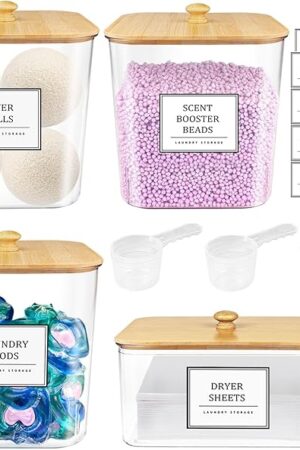 3+1 Pack Laundry Pods Container,Clear Laundry Room Organization Containers,Large Laundry Detergent Powder Storage Containers with Wooden Lids & Labels,Laundry Pods Holder for Scent Booster,Powder,Pods