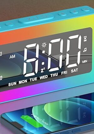 AFEXOA RGB Night Light Alarm Clock for Kids, Teenagers, Adults, Mirrored Clock with Dual Alarms, Snooze, LED Display, USB Charger, Small Dimmable Alarms for Bedtime