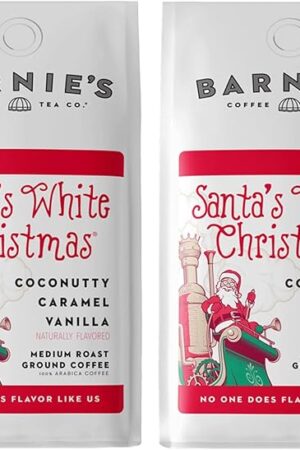 Barnie's Santa's White Christmas Ground Coffee with Coconut, Caramel, and Warm Vanilla Flavors, Medium Roasted Arabica Coffee Beans, 12 oz Bag (Pack of 2)