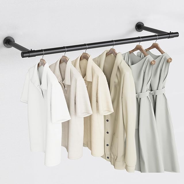 Clothes Rack for Hanging Clothes, Heavy Duty Round Metal Clothing Rack, 32'' Modern Style Garment Bar Closet Rod, Saving Wall Mounted Clothes Hanger for Laundry Room, Closet, Matte Black