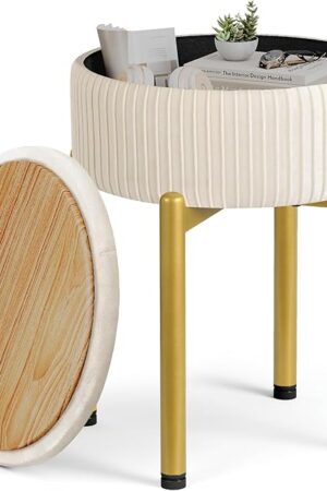 18-Inch Velvet Vanity Stool Chair with Storage, Vanity Bench with 4 Golden Metal Legs & Anti-Slip Adjustable Feet,Round Storage Ottoman Stool with Removable Soft Padded Seat, Beige