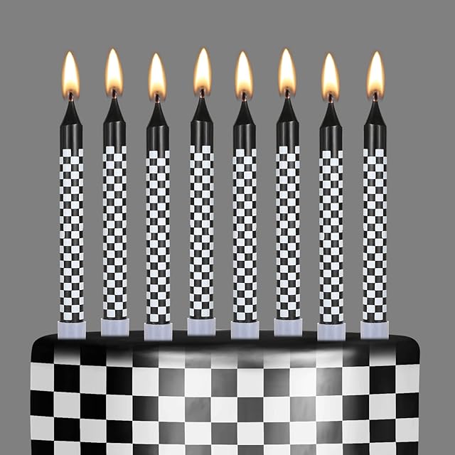 Cindeer 12 Pcs Racing Cars Themed Birthday Candles Black and White Checkered Flag Cupcake Topper for Racing Cars Party Decoration Baby Shower for Boys Children