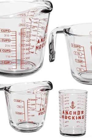 Anchor Hocking Glass Measuring Cups, 4 Piece Set (5 Ounce, 1 Cup, 2 Cup, 4 Cup liquid measuring cups)
