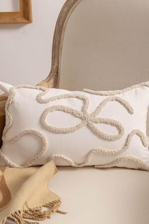 Coquette Bow Tufted Throw Pillow Cover 12x 20, Boho Neutral Linen Pillow Cushion Cases,Farmhouse Modern Decorative Pillows for Bed, Outdoor Couch Bedroom Car Cream