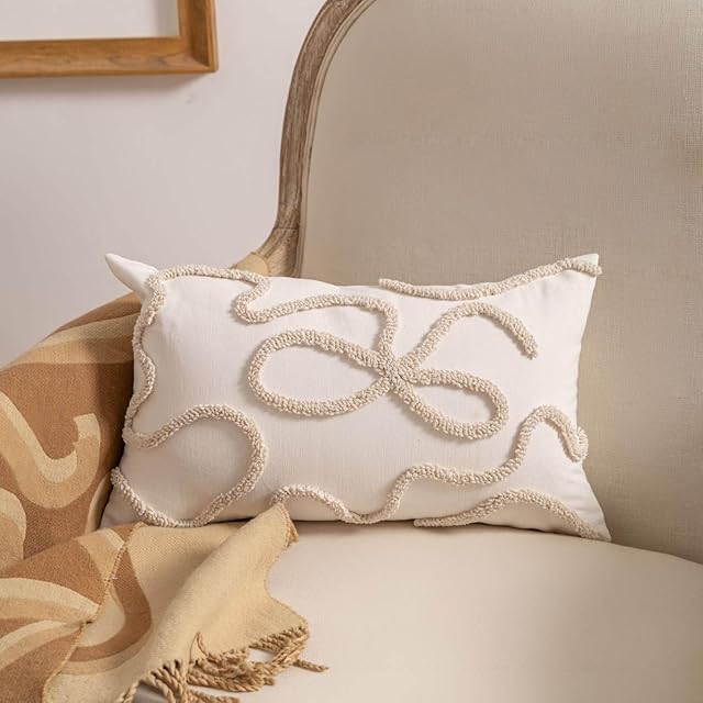 Coquette Bow Tufted Throw Pillow Cover 12x 20, Boho Neutral Linen Pillow Cushion Cases,Farmhouse Modern Decorative Pillows for Bed, Outdoor Couch Bedroom Car Cream
