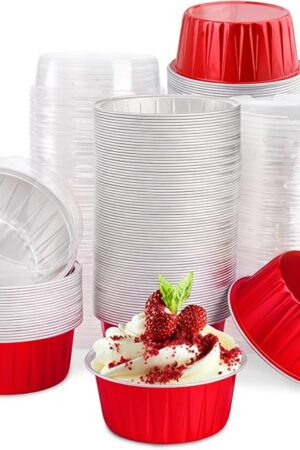 DEAYOU 100 Pack Aluminum Foil Cupcake Liners with Lids, 5oz Round Ramekin Baking Cups, Disposable Tart Pie Tin Pan Holder, Mini Cake Containers for Pudding, Party, Wedding, Oven Freezer Safe, Red
