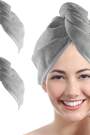 YoulerTex Microfiber Hair Towel Hair Wrap: 2 Pack 10X26 Hair Dryer Towels for Women Absorbent Turban Twist Drying Shower Cap Curly Hair Products for Hair Care Hair Accessories (02 Gray)