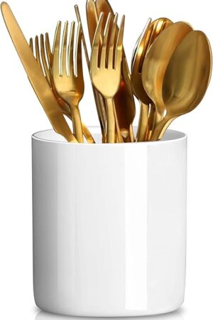 White Ceramic Silverware Cutlery Holder,Utensil Holder Flatware Caddy Cutlery Storage Organizer for Kitchen and Countertop