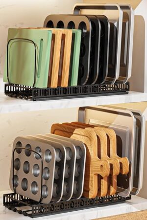 2 Pack Baking Tray and Cookie Sheet Organizer, Cutting Board Organizer with 2 Using Methods, Bakeware Muffin Tin Storage Rack with 10 Adjustable Dividers for Cabinet, Black