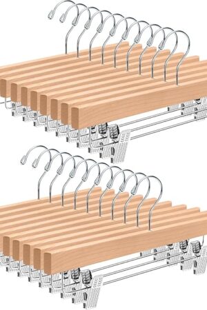 BAGAIL Wooden Pants Hangers with Adjustable Clips, 360°Swivel Hook Space Saving Skirt Holders with Anti-Rust Clips for Trousers, Jeans, Shorts (20Pack Natural)
