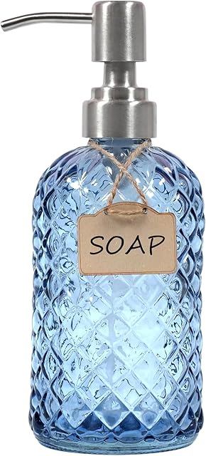 Bathroom & Kitchen Glass Hand and Dish Soap Dispenser with 304 Rustproof Stainless Steel Pump (Blue)