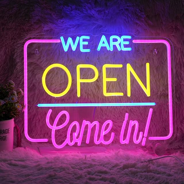 We Are Open Come In Neon Sign Dimmable Open Come In Led Neon Lights for Wall Decor 16.9*13 Inch Light Up Sign Powered By USB Open Neon Light Signs for Business Shop Hotel Restaurant Bar Decor Light (Pink Yellow Blue)