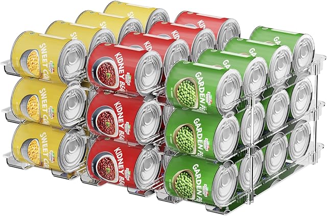 Can Organizer For Pantry,3 Sets 3 Tiers Pantry Organizers And Storage, Pantry Organizer for Fridge 36 Standard and Tall Cans Rack Automatic Rolling Stackable Canned Food Organizer, Clear
