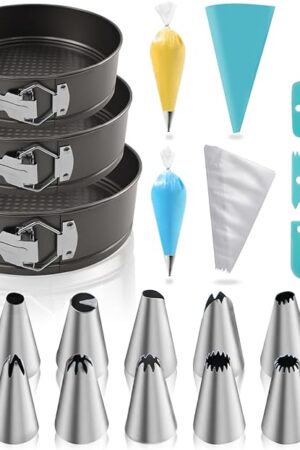 122PCs Cake Pan Sets for Baking, 7/8/9 Inch Round Cake Pans, Nonstick Springform Cake Pans, Cheesecake Baking Pans with 100 Pcs Piping Bags, 16 Pcs Nozzles, 3 Pcs Scrappers