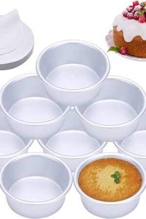 4 Inch Cake Pan Set of 8, Anodized Aluminum Round Cake Pans with 100 Pcs Parchment Paper Tins Baking Pan for Cheese Cake, Pizza, Quiche, Non Toxic, Leakproof, Easy Pop Out