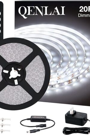20ft White LED Strip Lights, Upgraded 6500K Dimmable Tape Lights with Remote and Plug, 12V 360 LEDs Flexible Sticky Cuttable Led Light Strips for Bedroom Ceiling Kitchen Under Cabinet Lighting